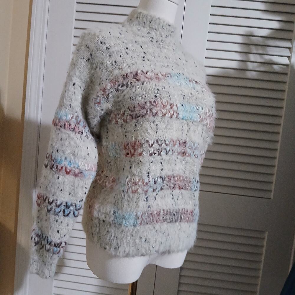 Maurices Cream Fuzzy Turtleneck Sweater with Pastel Stripes